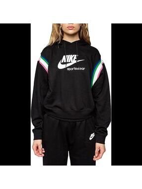 Nike Sportswear Hoodie Black Rainbow Stripe Logo Pullover Medium